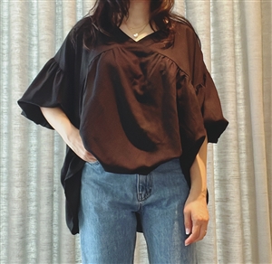 Black Linen V Blouse  (will ship within 1~2 weeks)